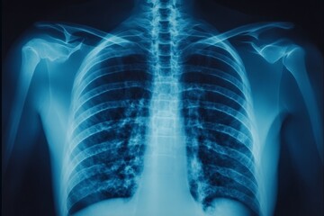 Medical x-ray revealing human lungs and rib structure showing respiratory health status