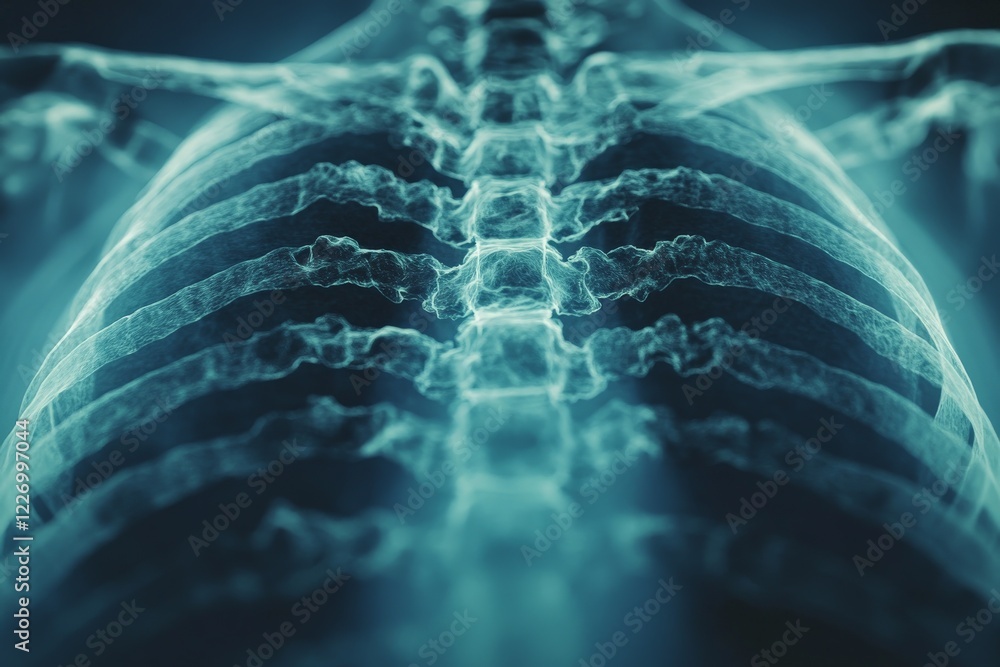 Poster x-ray image showing human ribcage and spine with clear details and contrast in a medical setting