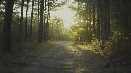 Fototapeta premium Golden sunlight illuminates a tranquil forest path, evoking peace and natural harmony.