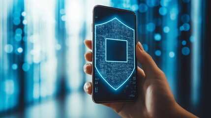A close-up of a smartphone held in a hand, displaying a glowing neon security shield icon, symbolizing data encryption, privacy, and cybersecurity. The background features a futuristic data center
