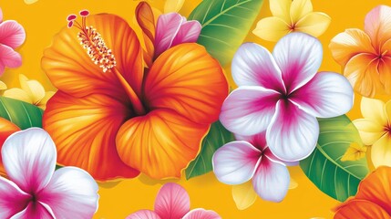 Obraz premium Bright Tropical Floral Background with Hibiscus and Plumeria Flowers in Vivid Colors