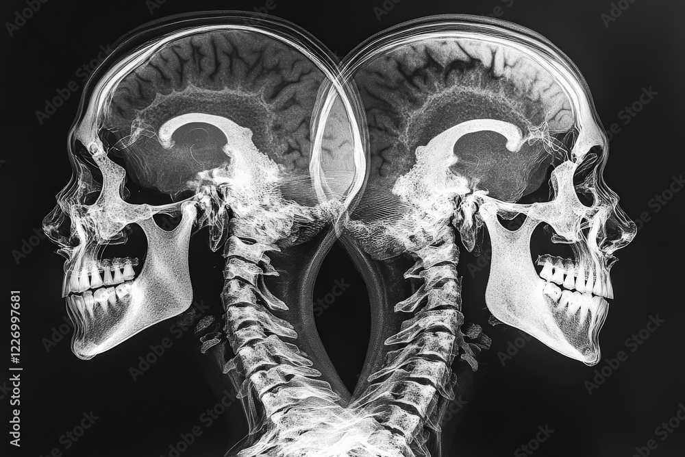 Aufkleber Unique X-ray of two human skulls facing each other, showcasing distinct skeletal structures and spine alignment in monochrome tones
