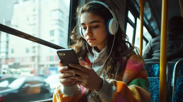 Young woman listening to music and browsing social media on bus