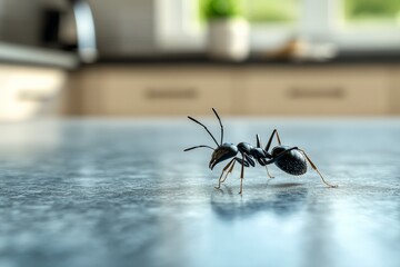 Black ant explores a kitchen countertop in bright natural light during the day