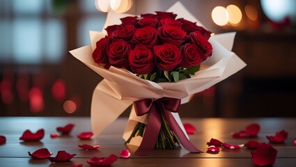 A bouquet of red roses wrapped in white paper and tied with a silk ribbon stands on a rustic wooden table surrounded by scattered rose petals 