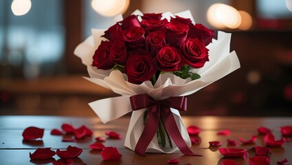 A bouquet of red roses wrapped in white paper and tied with a silk ribbon stands on a rustic wooden table surrounded by scattered rose petals 