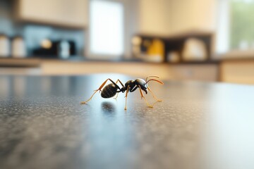 Close-up view of an ant exploring a kitchen countertop during a sunny day
