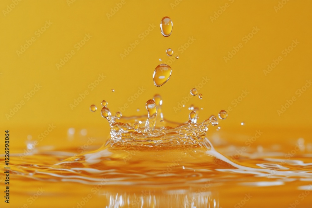 Aufkleber water droplets creating a splash against a vibrant yellow background during a close-up photography s