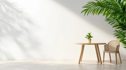 Fototapeta premium Chair and table set in a room with a plant and 3d illustration of a dining room wall mockup