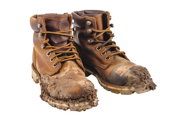 Pair of Muddy Leather Hiking Boots Isolated on a White Background Ready for Outdoor Adventures