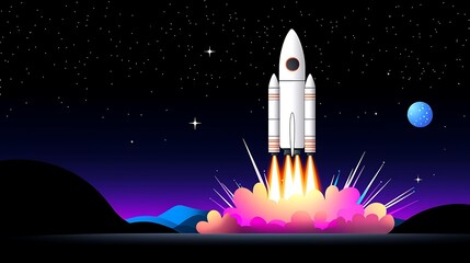 Fototapeta premium Pixel Art Rocket Launching into a Starry Night Sky