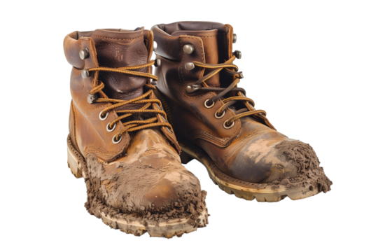 Pair of Muddy Leather Hiking Boots Isolated on a White Background Ready for Outdoor Adventures
