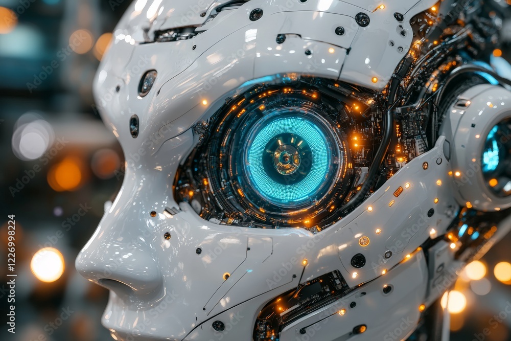 Poster futuristic robotic face with glowing eyes showcasing advanced technology and intricate details