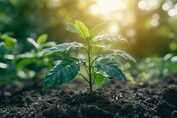New plant sprouts in rich soil under golden sunlight in a thriving garden