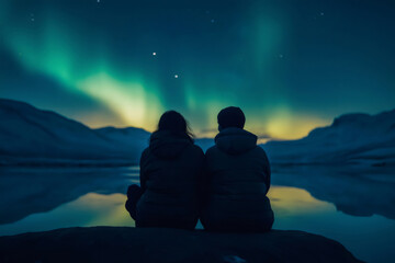 Two tourists sitting by a serene lake, admiring the northern lights as they reflect beautifully on the water under a starry winter night sky