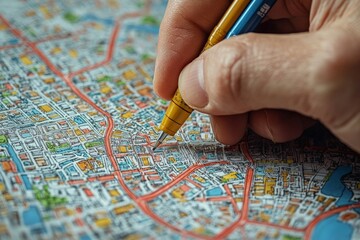 Detailed planning of a city layout with a hand holding a pen over a colorful map