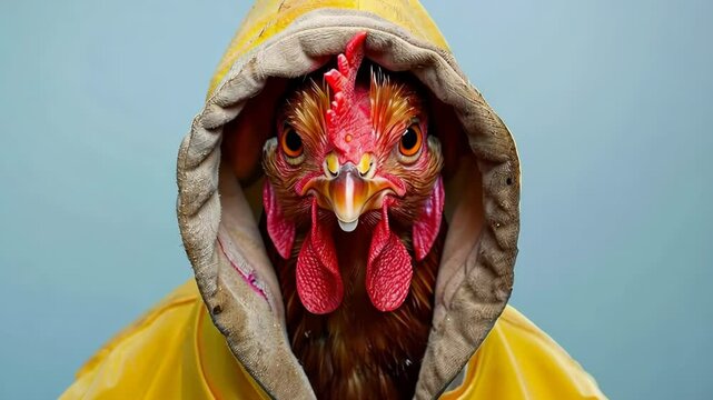 Chicken with a elegant grey hoody on a solid studio gray color background. Copy space for text. Cute cool hen dressed fashion clothes, hood at head. Humor, summer. Funny animal creative concept