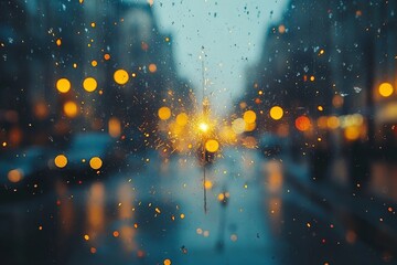 Rainy cityscape at dusk with bright bokeh lights reflecting on wet pavement