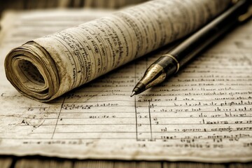 Old manuscript with quill pen resting beside it on weathered wooden table