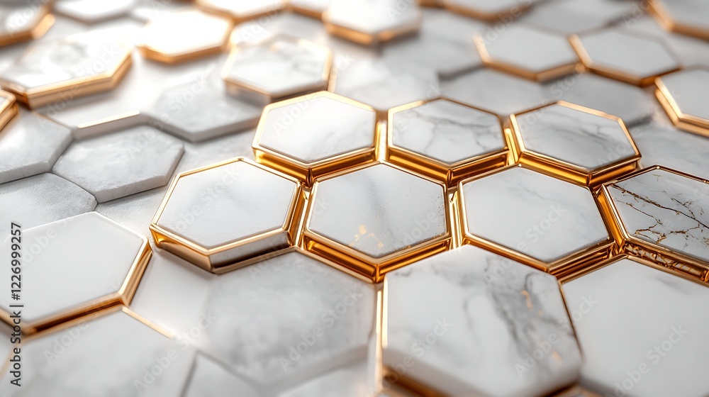 Poster 3d white and gold color hexagon tiles pattern shape background