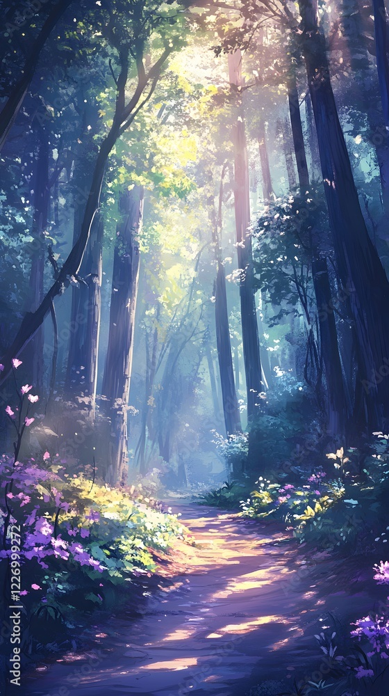 Poster a peaceful forest path with towering trees and soft light filtering through