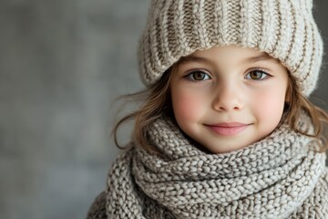 Young girl wearing a knitted hat and scarf, smiling warmly in a cozy setting during winter
