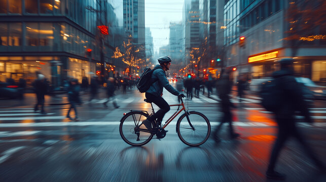 Cyclist navigating a bustling city street during twilight, motion blur emphasizing urban energy and the cyclist's commute, conveying a sense of speed and dynamism 