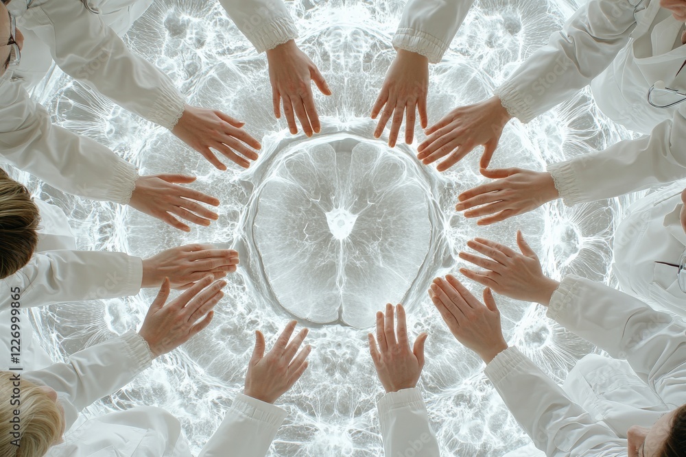 Poster hands reach out in unison above a glowing surface during a collaborative scientific experiment