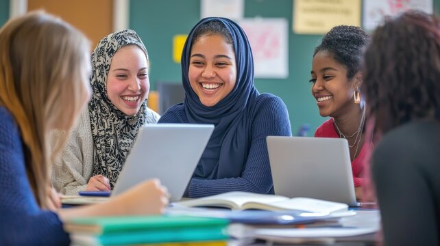 A multicultural group of women in a classroom, collaborating on a group assignment with smiles.