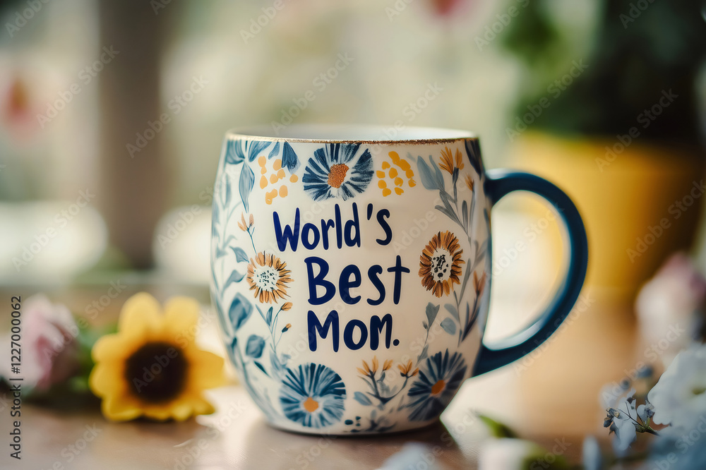 Wall mural Hand painted mug with floral decoration saying World's Best Mom is a perfect gift for Mother's Day