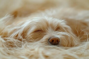 Soft and cozy sleeping dog resting on a fluffy surface in a warm indoor setting during the afternoon