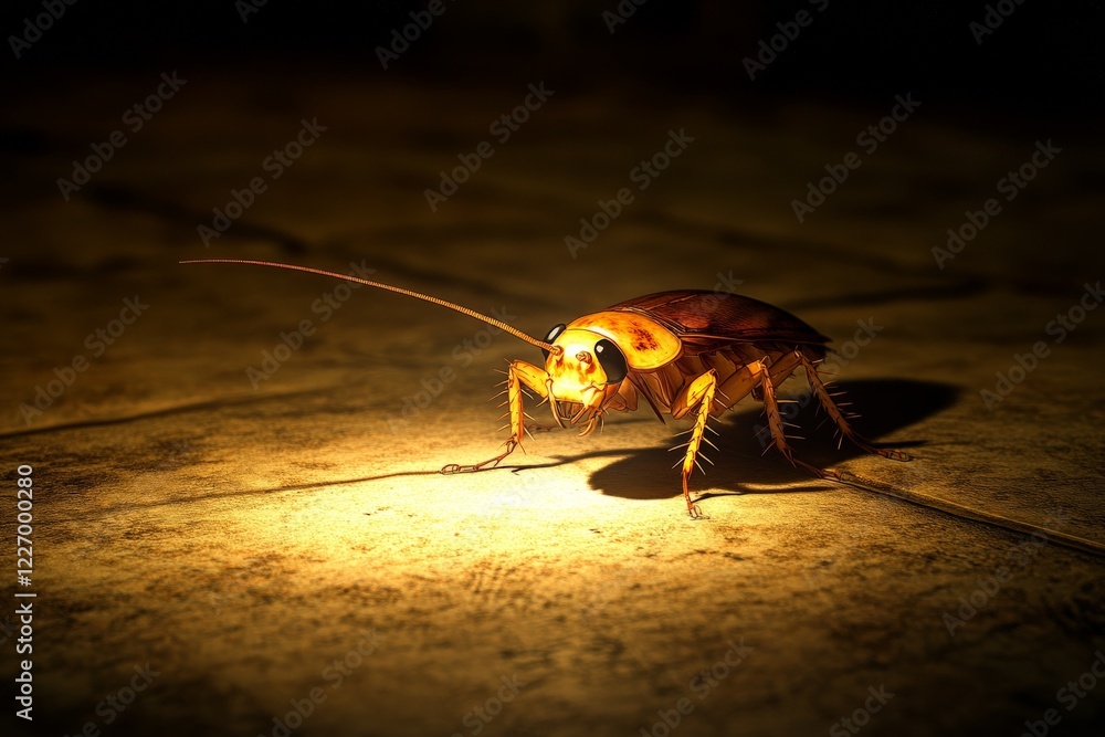 Poster cockroach on a dimly lit surface exploring its surroundings at night