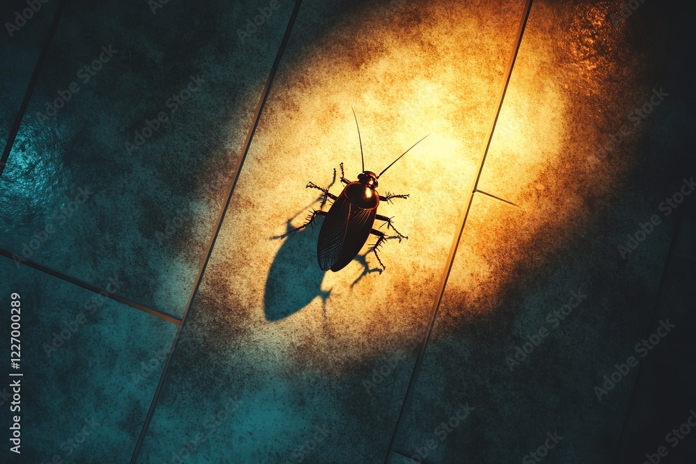 Poster cockroach under spotlight on tiled floor creates dramatic shadow in low-light environment