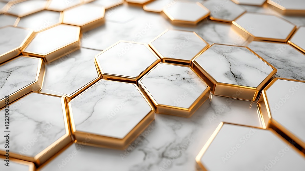 Poster 3d white and gold color hexagon tiles pattern shape background