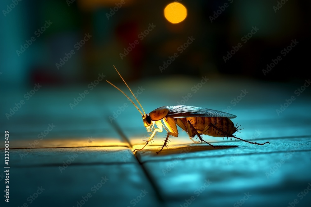 Poster close-up view of a cockroach crawling on a dimly lit floor in an indoor setting at night
