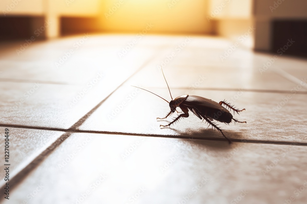 Poster cockroach exploring tiled floor in a sunlit room during late afternoon hours