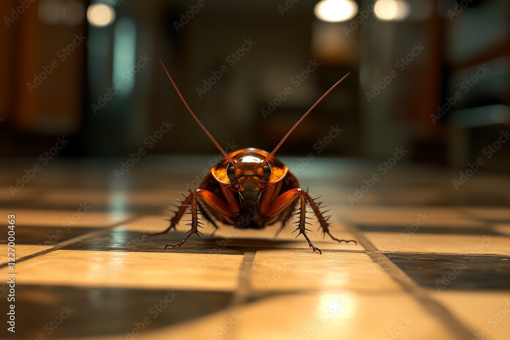 Poster Cockroach on tiled floor inside a building, captured with close-up detail during evening hours for close observation