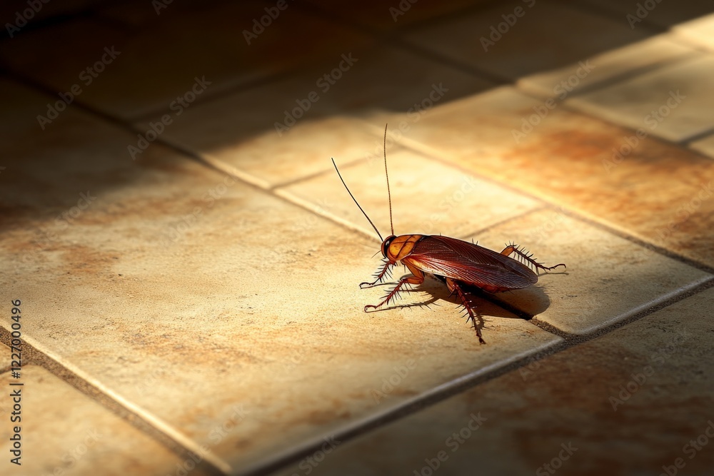 Poster cockroach crawling on tiled floor in dim light during late afternoon hours