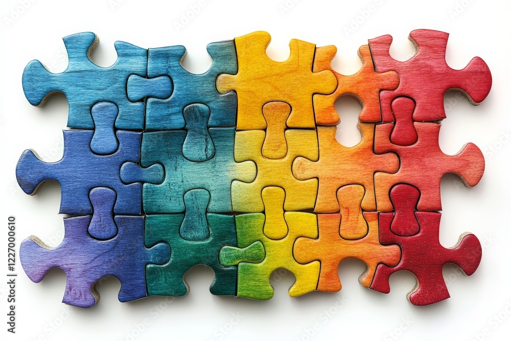 Poster colorful wooden puzzle pieces arranged in a vibrant gradient pattern on a white background