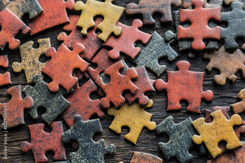 Poster colorful puzzle pieces scattered on a wooden surface create an inviting challenge for puzzle enthusi