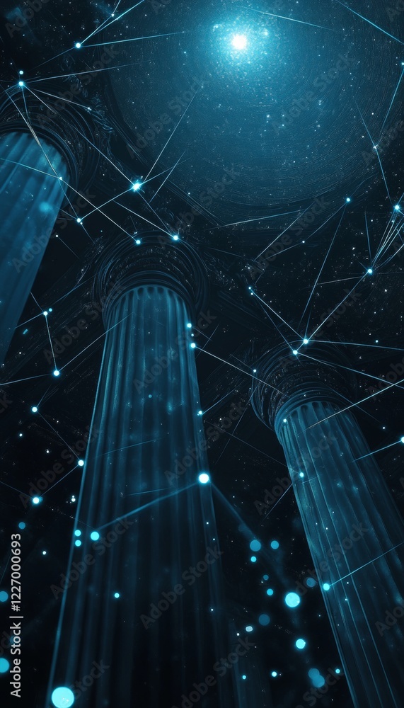 Poster Neoclassical Columns in Abstract Digital Network, Data Connection and Technology Concept Image