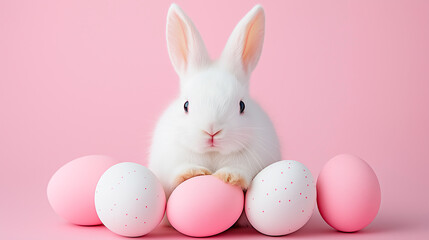 Easter party concept. Composition of easter bunny and eggs on pastel background with copyspace template for greetein card