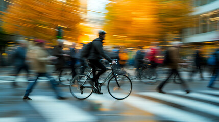 Cyclist navigating a busy city street, a sense of motion captured in a blur of color, embodying the energy and dynamism of urban life 