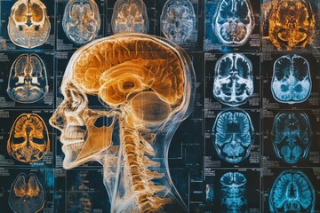 Detailed visual representation of human brain anatomy with various brain scans in the background
