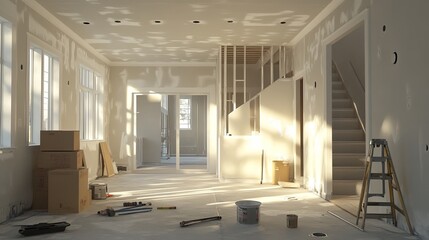 Fototapeta premium An interior of a house under renovation, with exposed drywall and tools on the floor. picture