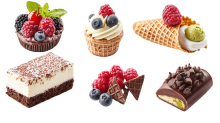 Collection set of Dessert food, sweet cake set, chocolate pastry from bakery, cupcake, cheese cake, brownies, cheese, fruit, croissants, cream. on transparent background