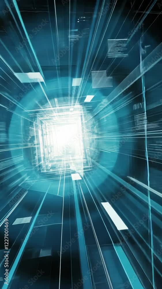Poster vivid digital tunnel representation showcasing light movement and abstract design in a futuristic en
