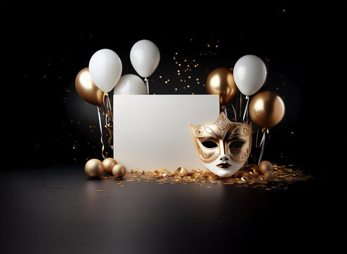 Elegant masquerade scene with white and gold balloons, confetti, and a blank sign beside a decorative mask. Perfect for celebration announcements.