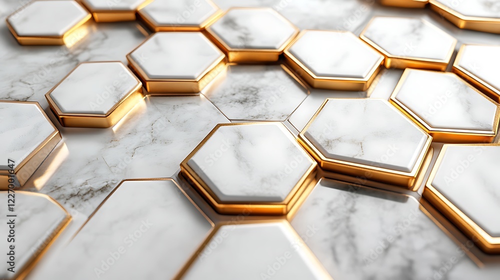 Poster 3d white and gold color hexagon tiles pattern shape background