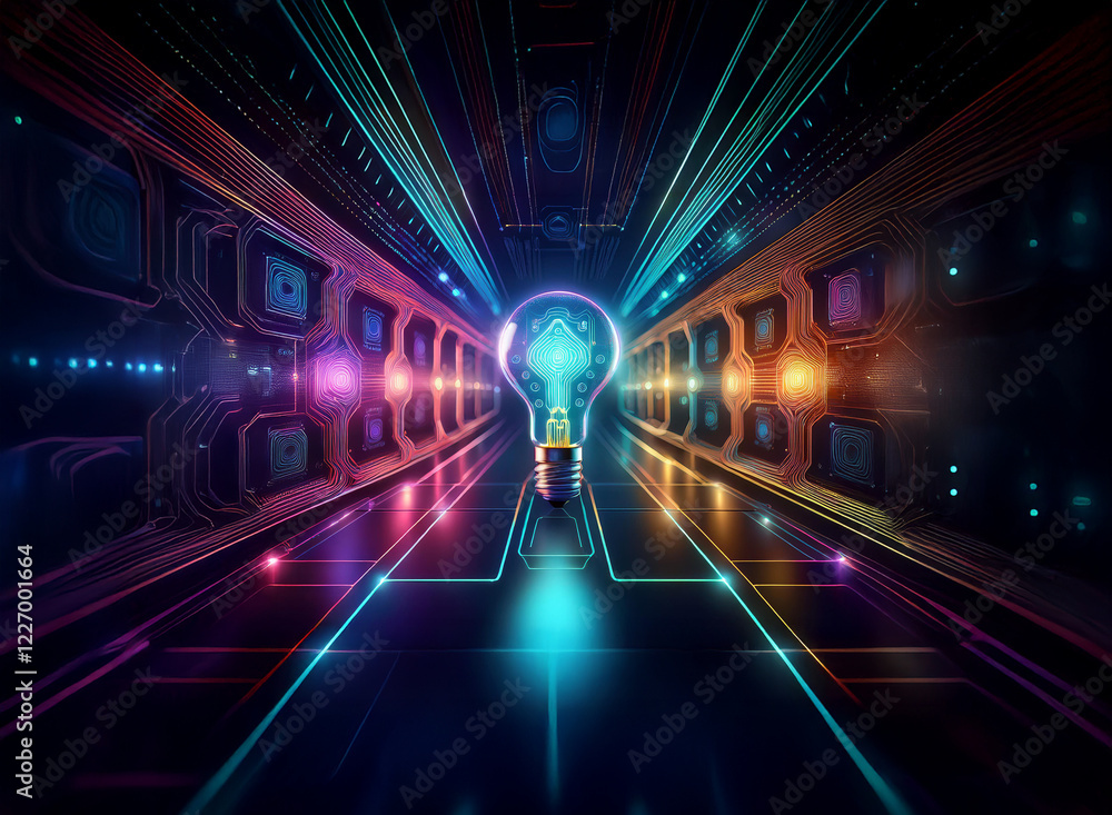 Poster a glowing lightbulb symbol at the end of a vibrant, futuristic digital corridor. the scene is filled